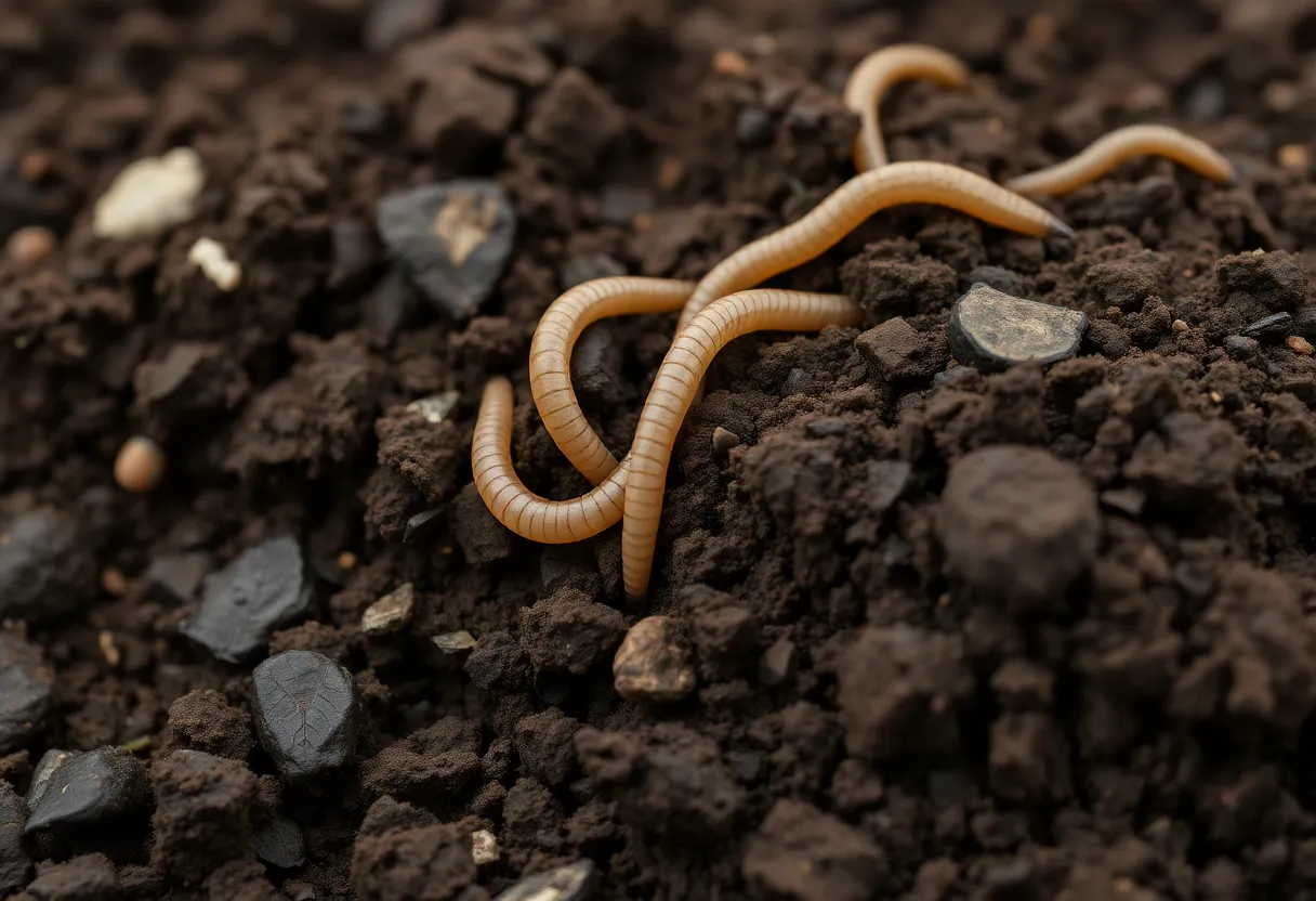 Healthy soil cross-section showing organic matter layers, earthworm activity, and complex microbiome structure