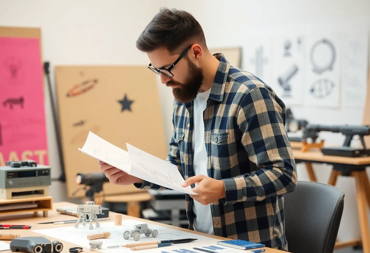 Industrial design studio with product sketches, foam prototypes, and design models showing the design development process