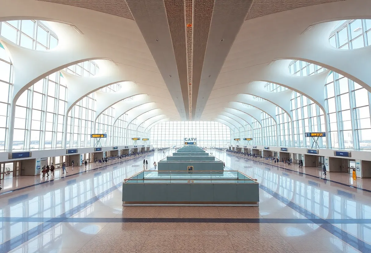 Airport terminal retail area showing duty-free shops and restaurants after security designed to capture passenger spending