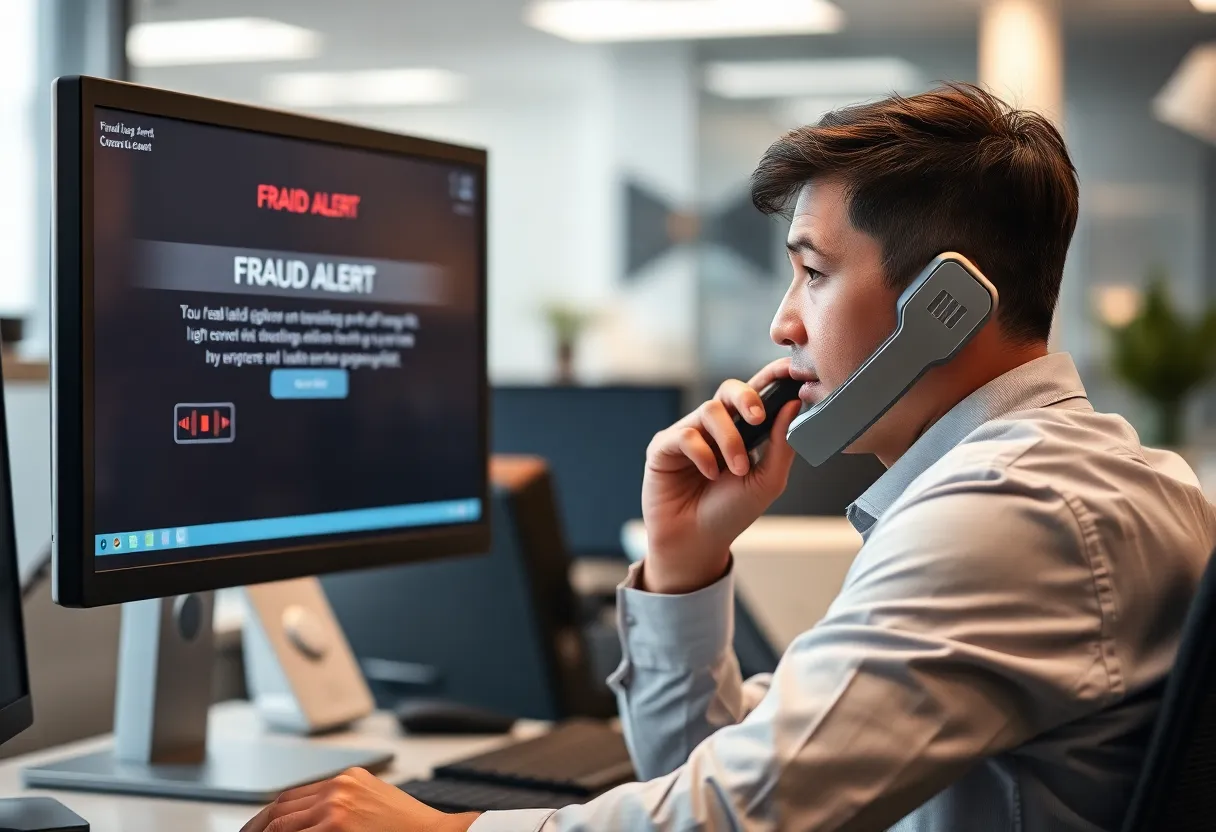 A second view of a call center employee reviewing a suspected fraud call, illustrating the human side of voice fraud defense