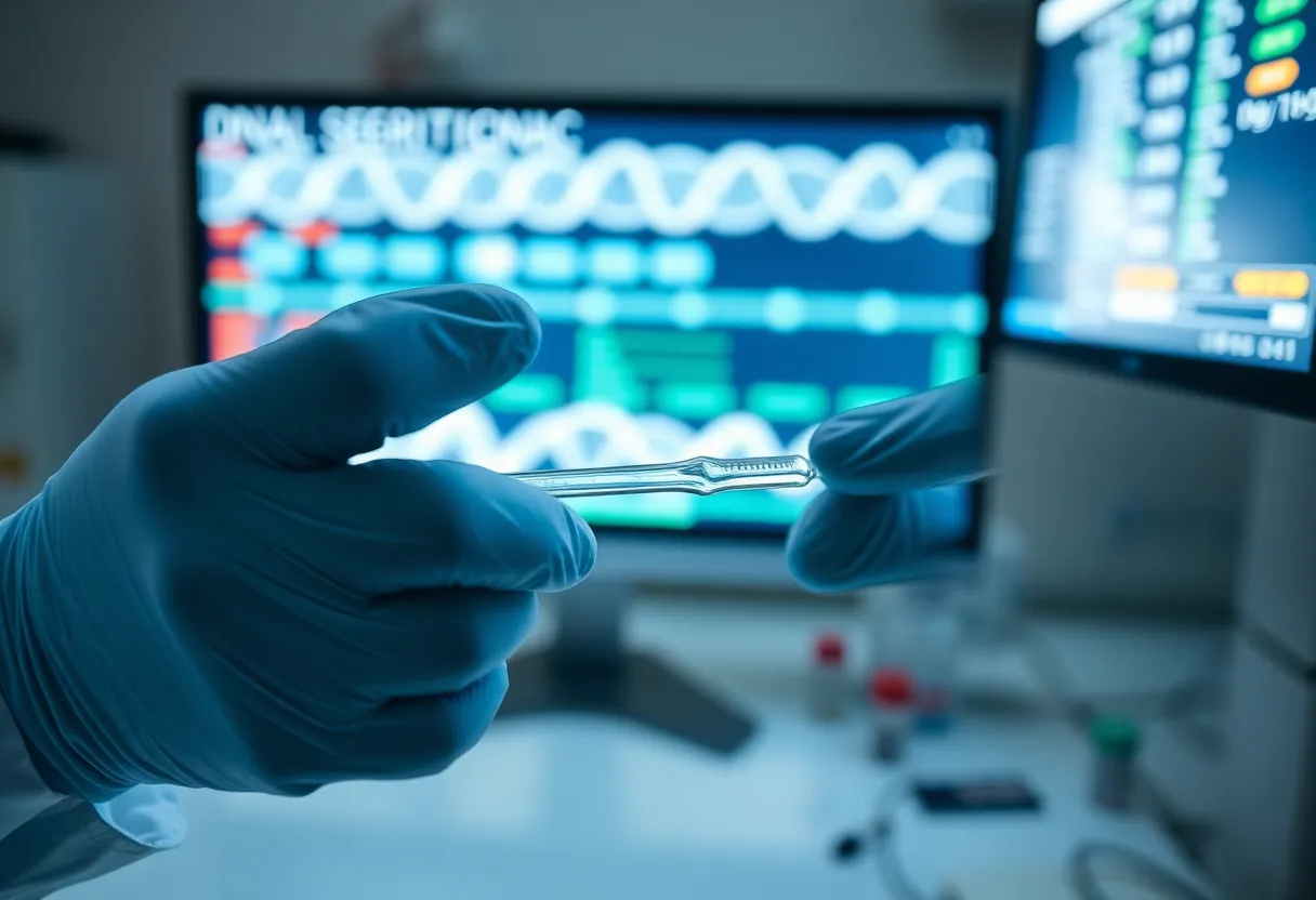 A second view inside a genetics laboratory, showing precision pipetting work related to gene-editing research