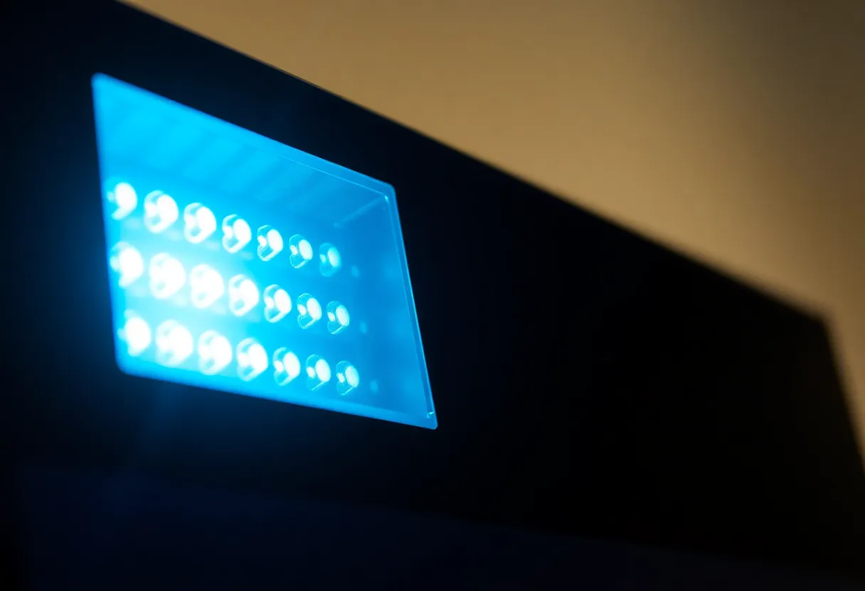 A second close-up of an illuminated LED zone array inside a monitor backlight panel, showing the individually dimmable segments
