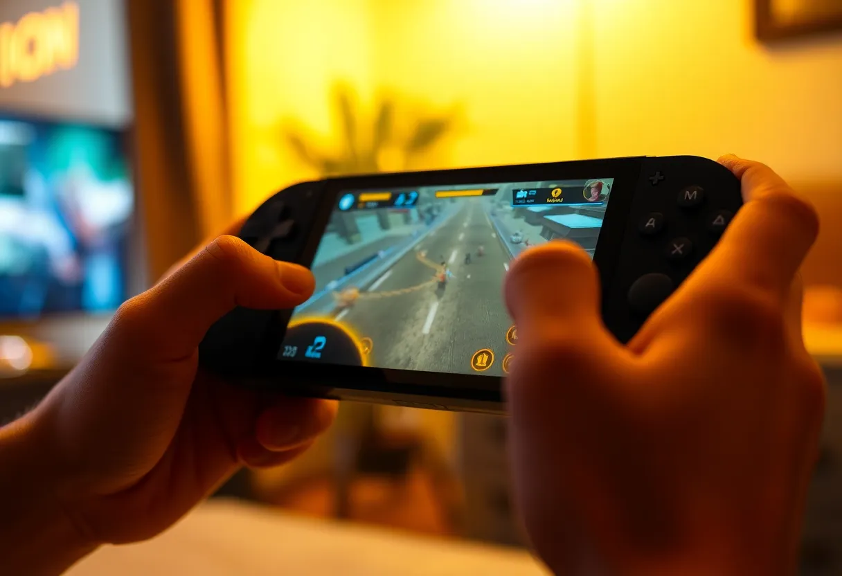A second close-up of a handheld gaming PC being held and played, showing screen detail and button layout