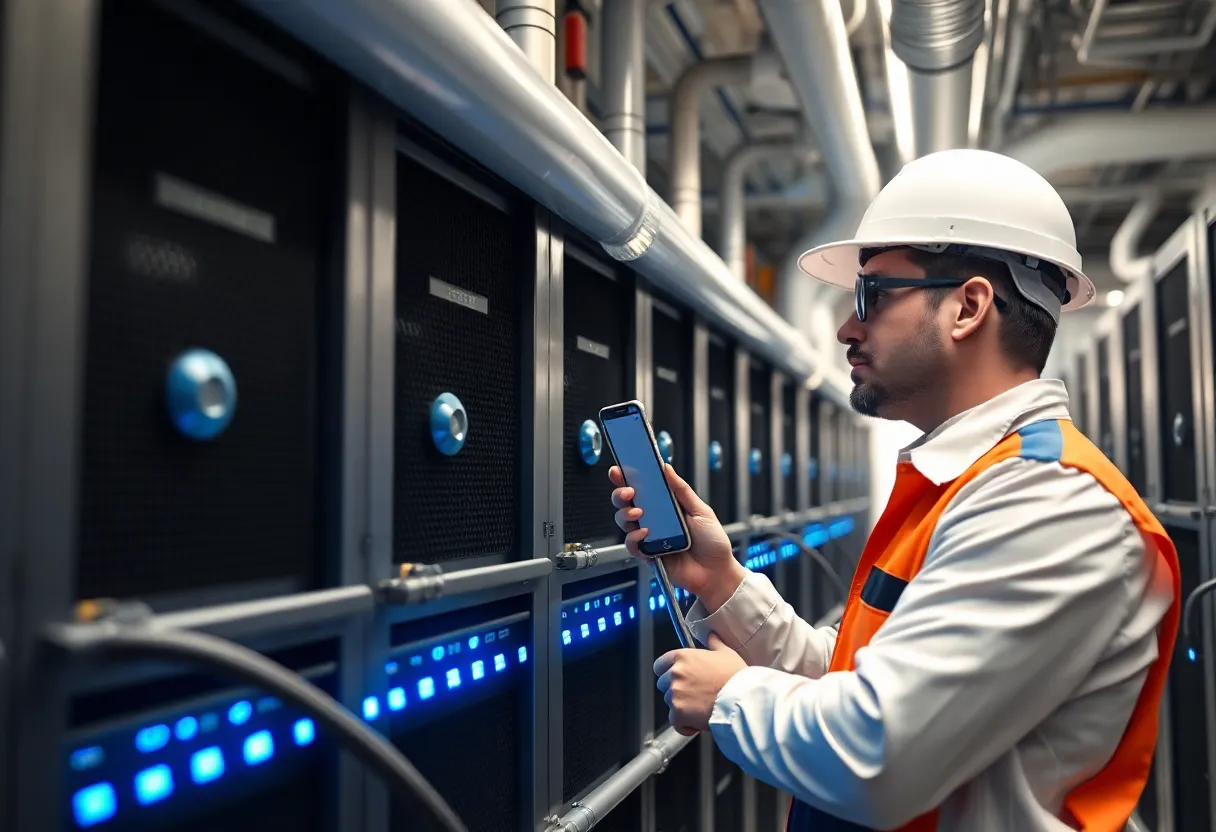 A second view of an engineer checking cooling infrastructure inside a large-scale data center