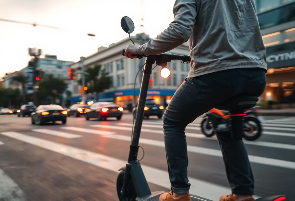A second view of a rider on an electric scooter navigating city streets, showing the everyday conditions relevant to micro-mobility risk and insurance