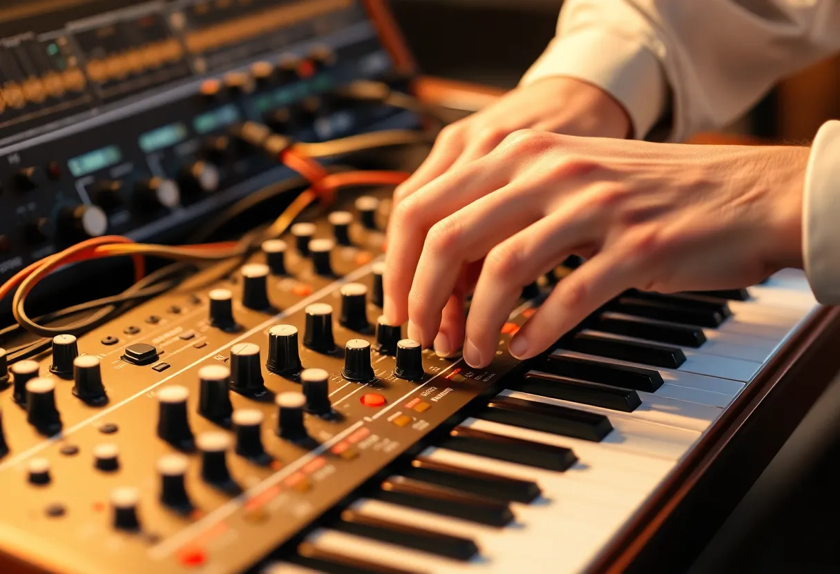 A second close-up of a musician's hands adjusting patch cables and controls on a modular synthesizer