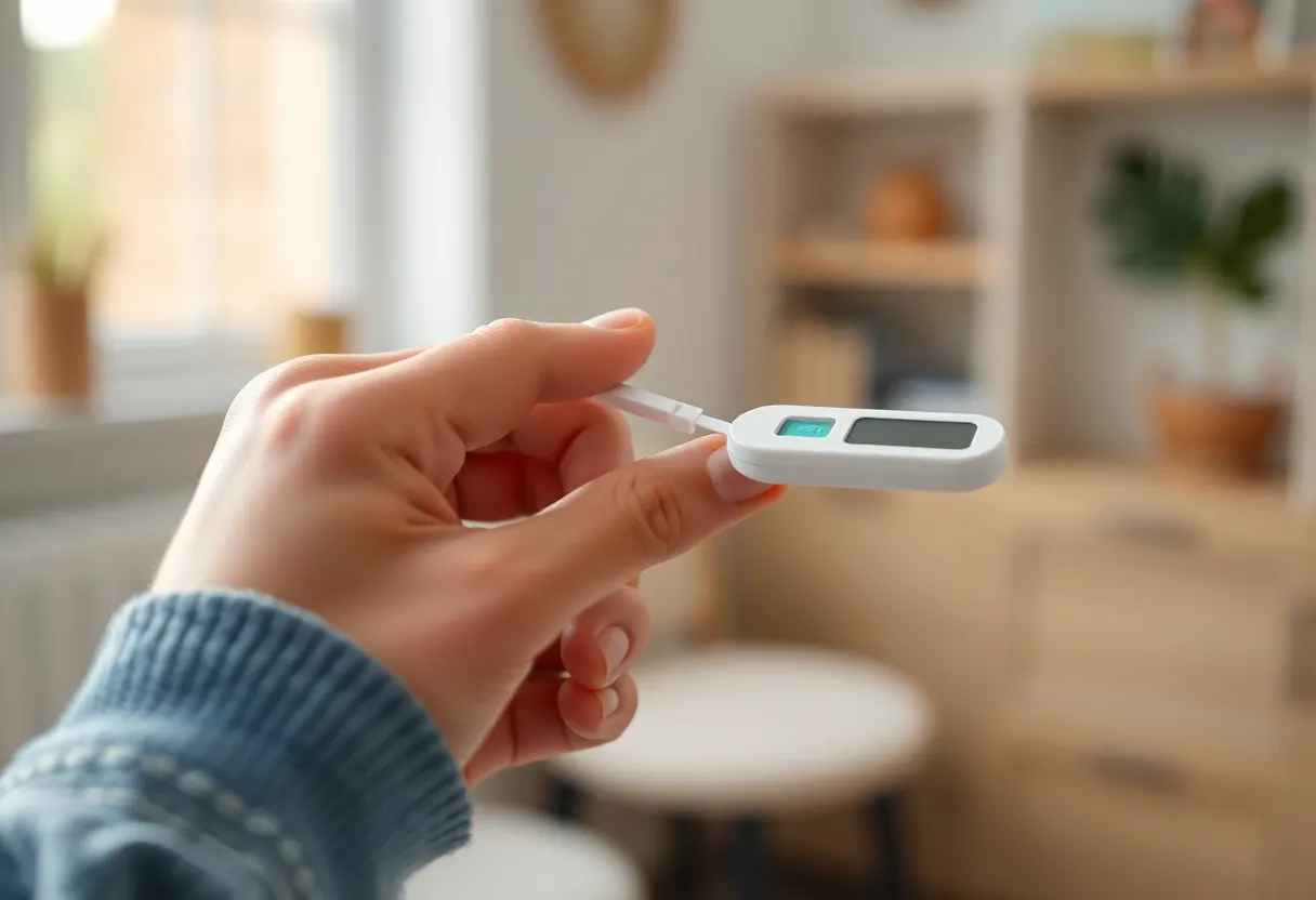 A second close-up of a person collecting a blood sample at home using a small finger-prick testing kit