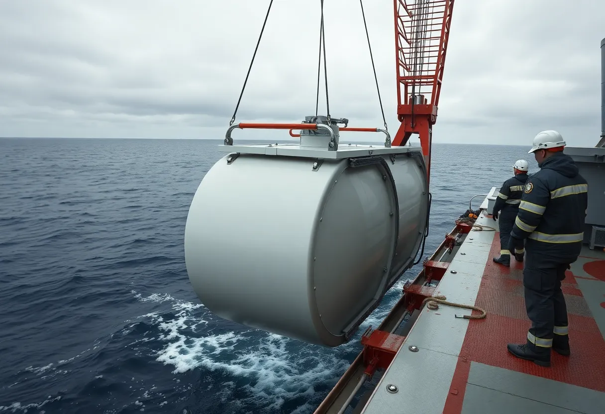 A second view of engineers deploying a large sealed underwater server pod from a ship using heavy lifting equipment