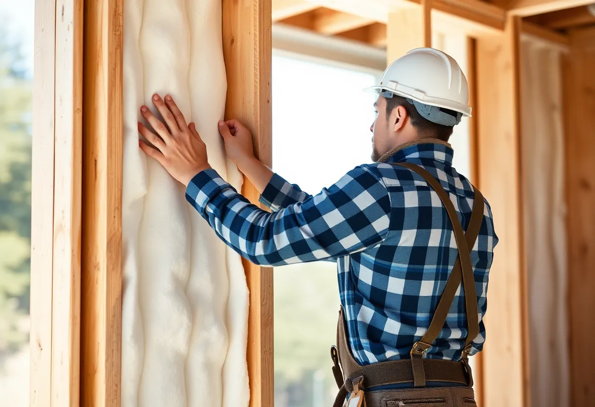 A second view of a construction worker fitting continuous insulation on a building frame during passive house construction