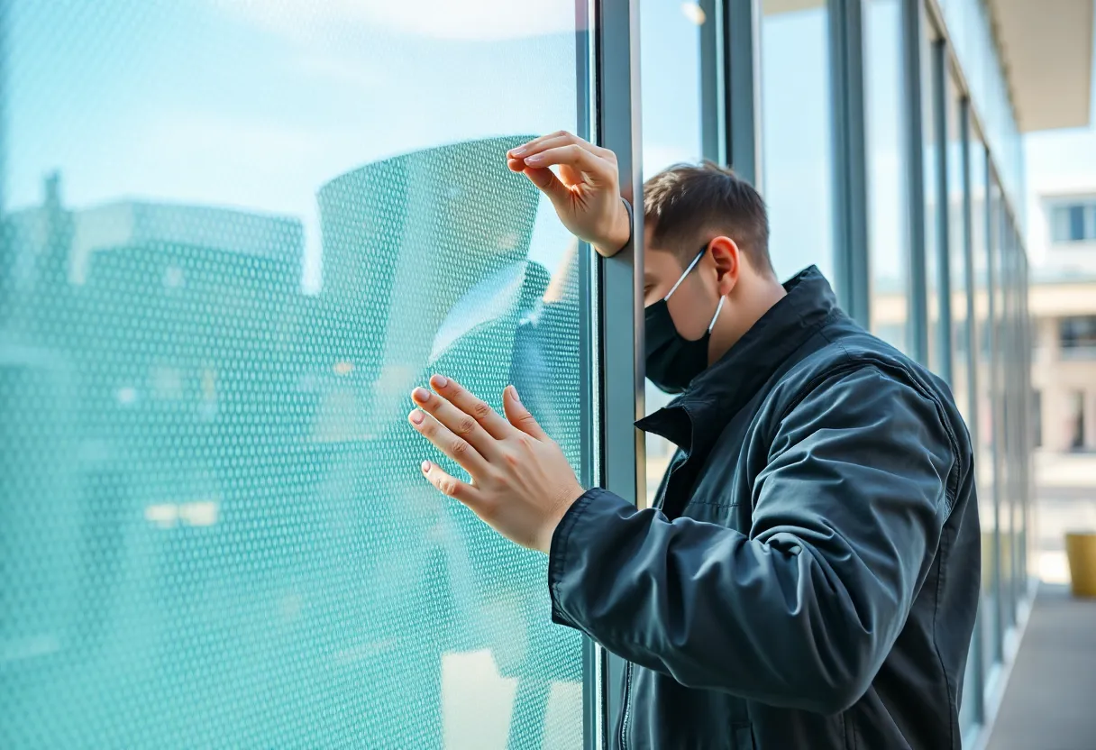 A second view of a technician installing bird-safe patterned film on a building's glass facade