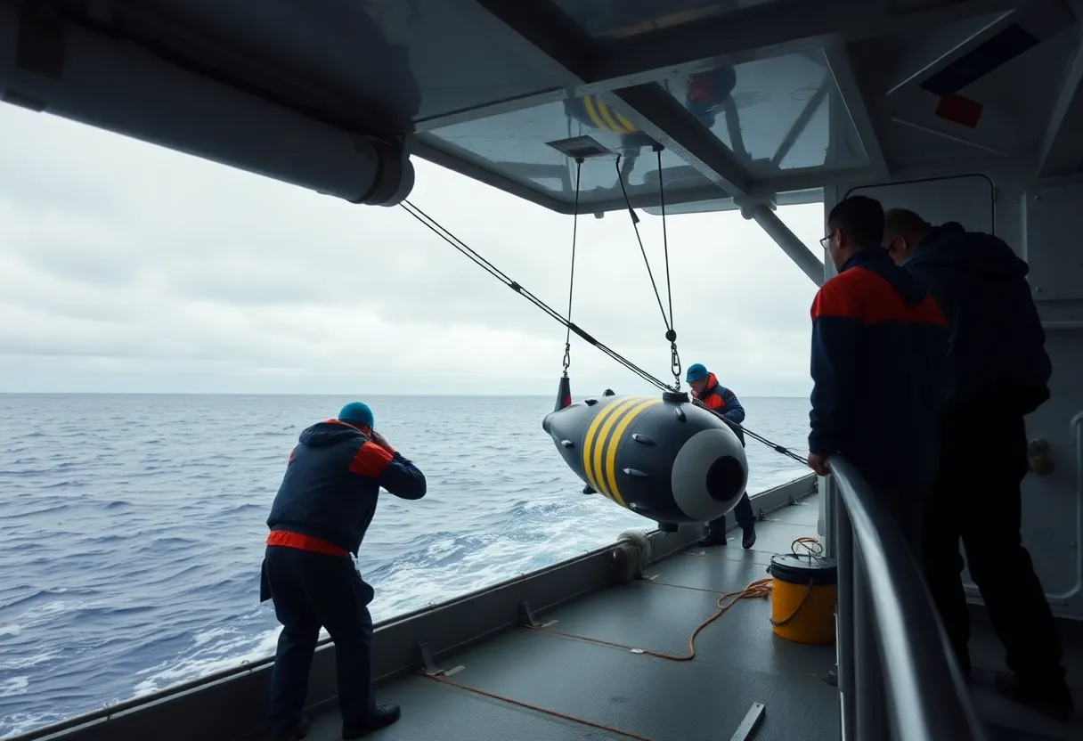 A second view of an autonomous underwater vehicle being deployed from a research vessel deck into open water