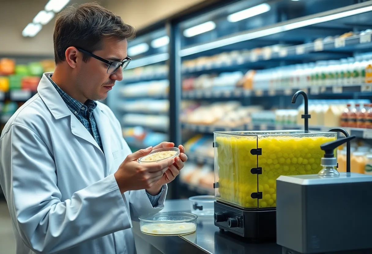 A second view of a scientist working with fermentation culture samples in a food biotechnology lab