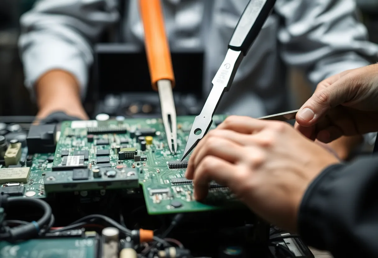 A second view of a worker processing discarded circuit boards at an electronics recycling facility