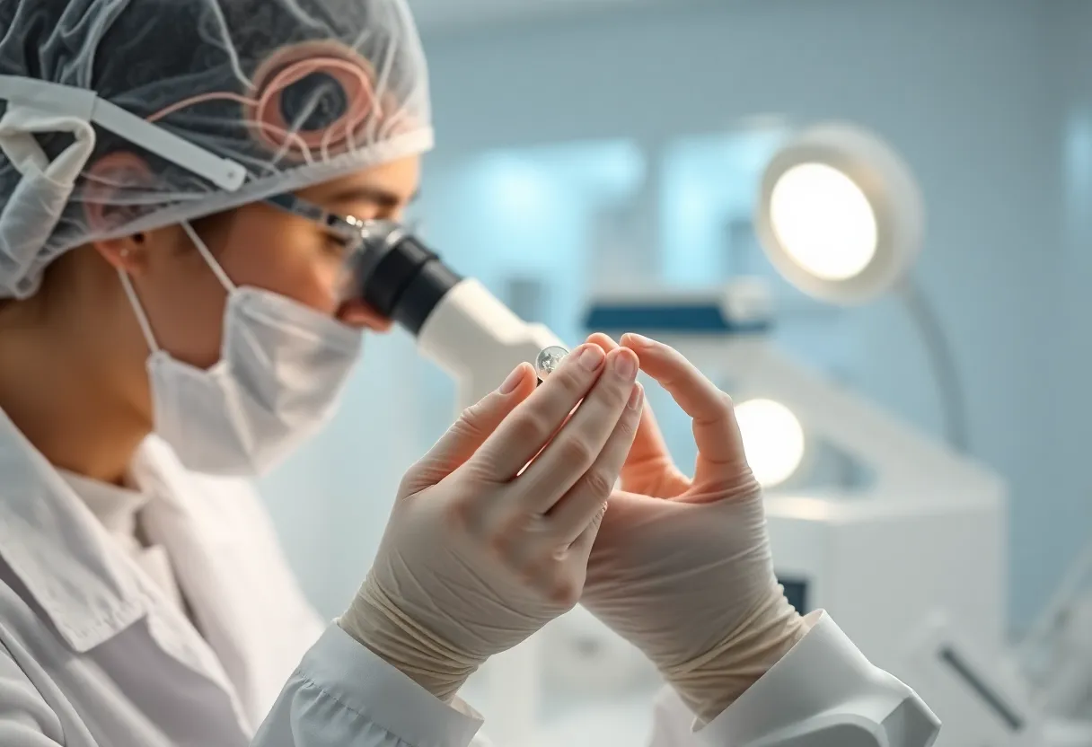 A second view of a biomedical engineer inspecting a contact lens prototype in a clean room laboratory setting