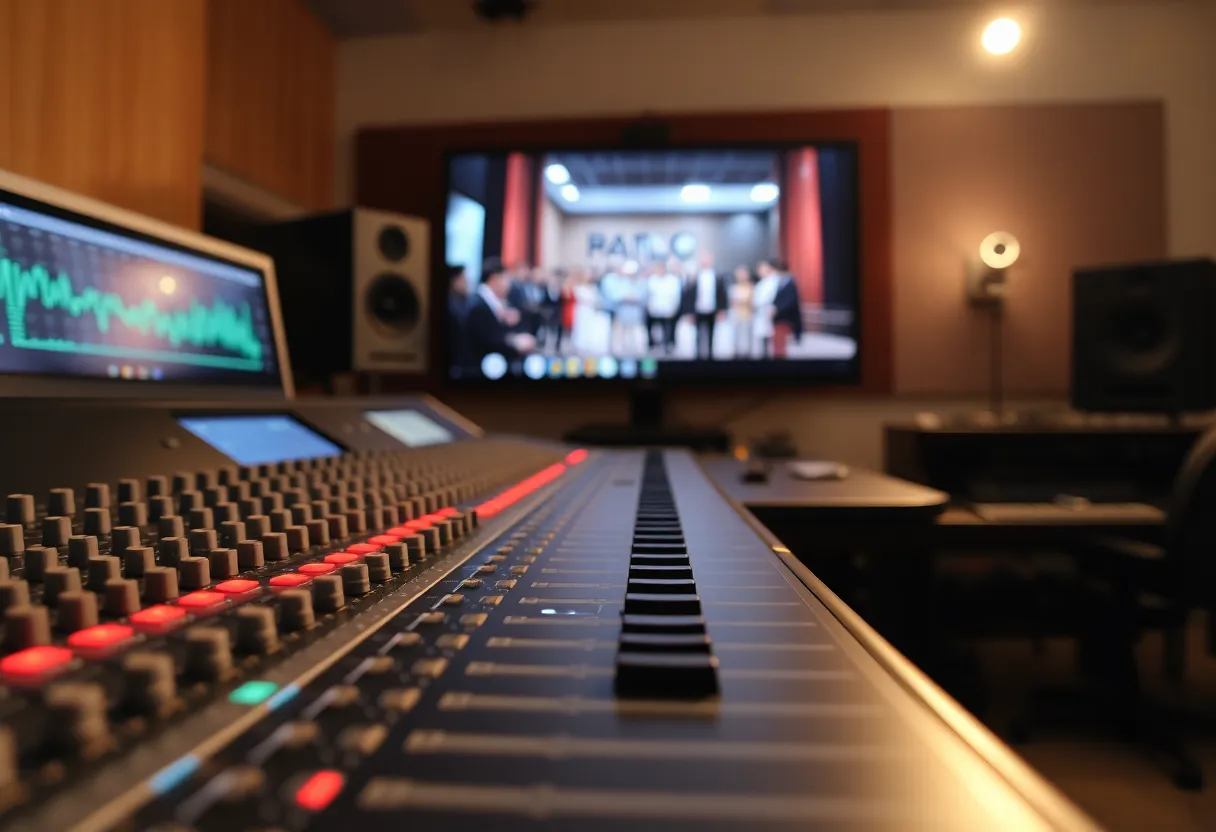 A second view of an audio mixing console with a film scene displayed on a monitor, used for dubbing production work