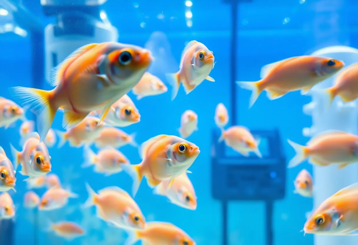 A second view of fish in an indoor aquaculture tank with visible water treatment infrastructure