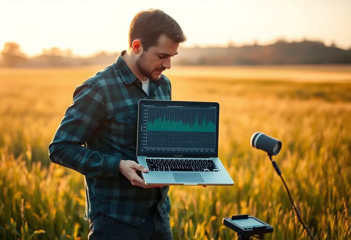 A second view of a field researcher reviewing acoustic monitoring data collected from sensor devices in a natural habitat