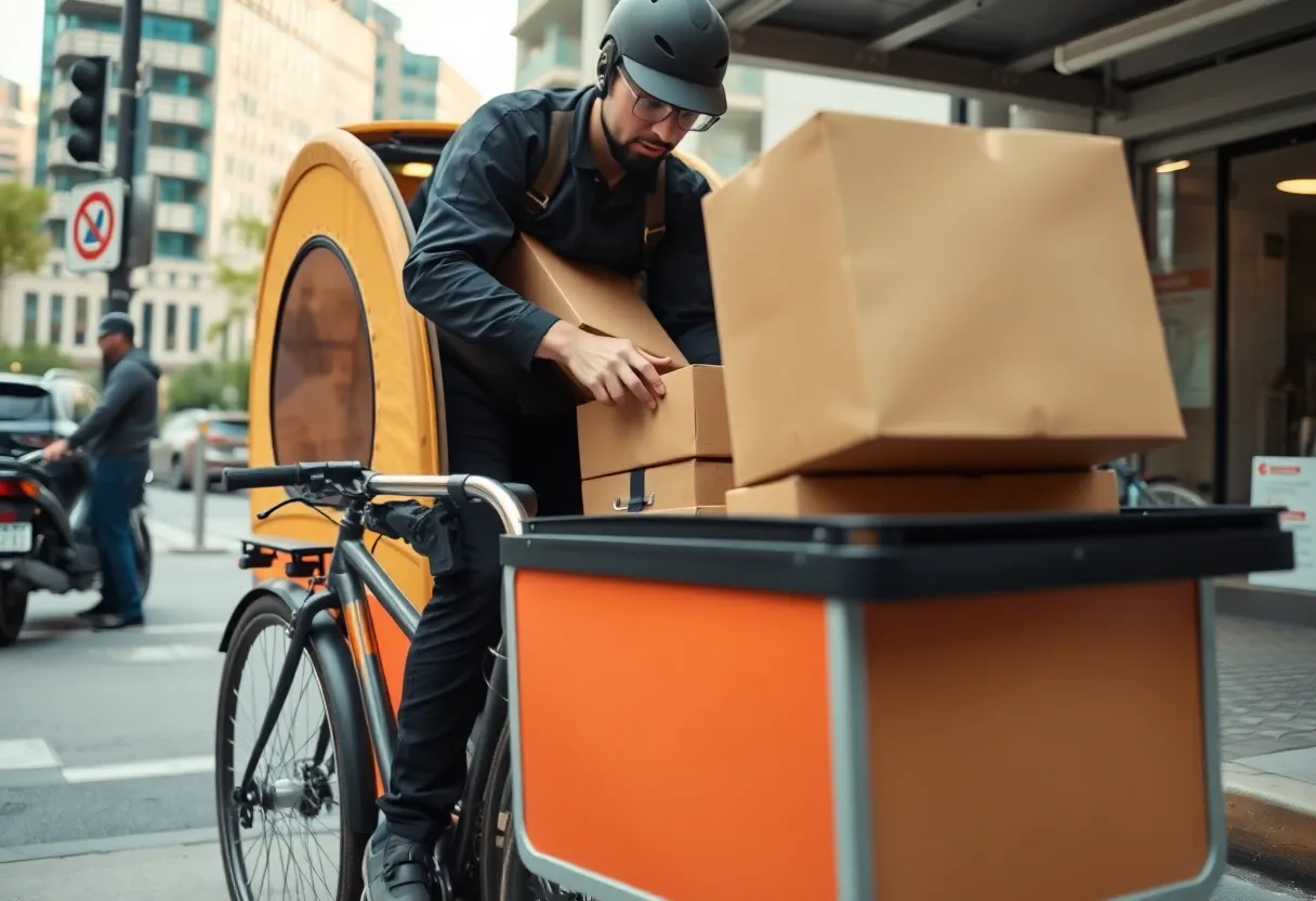 A second view of a delivery worker preparing packages for cargo bike delivery at an urban logistics micro-hub