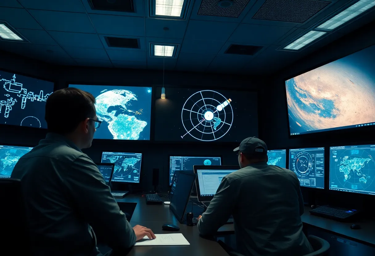 A second view of mission control engineers reviewing satellite tracking data
