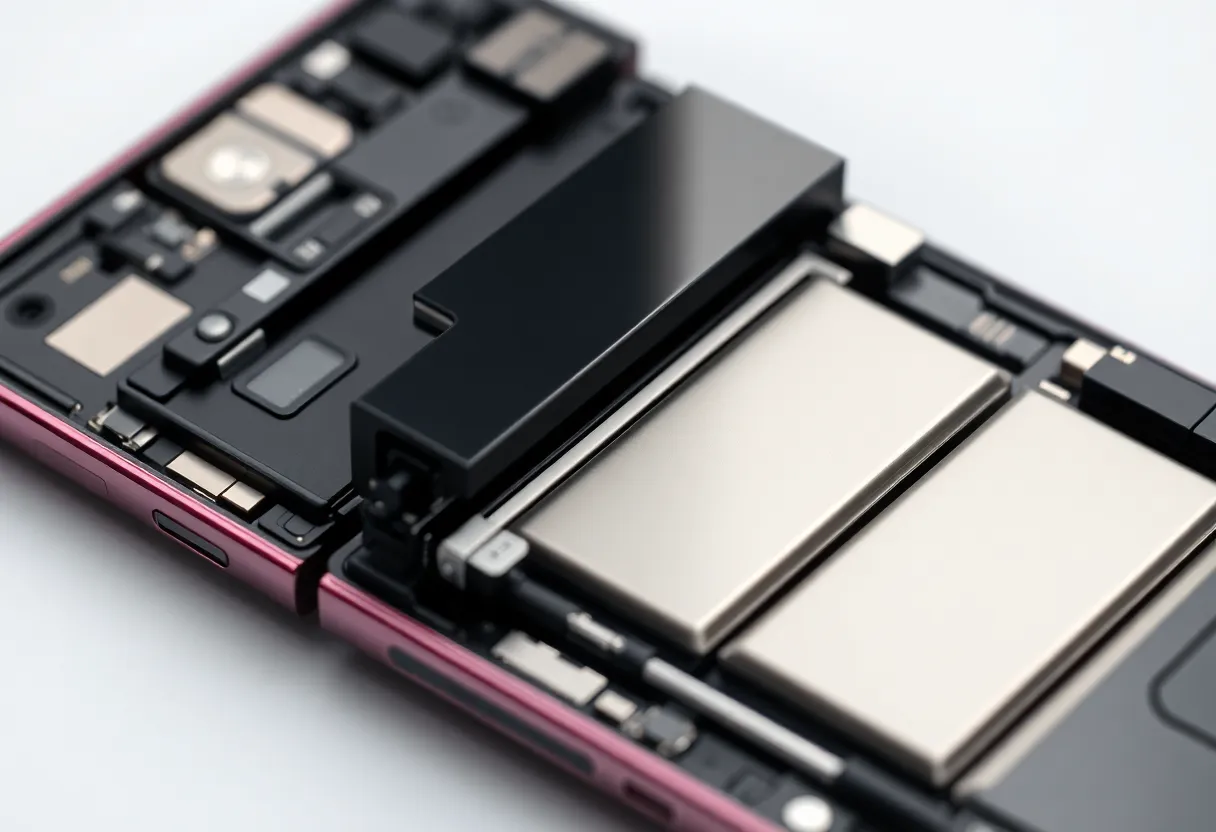 A second technical close-up of a foldable phone's hinge and internal component layout