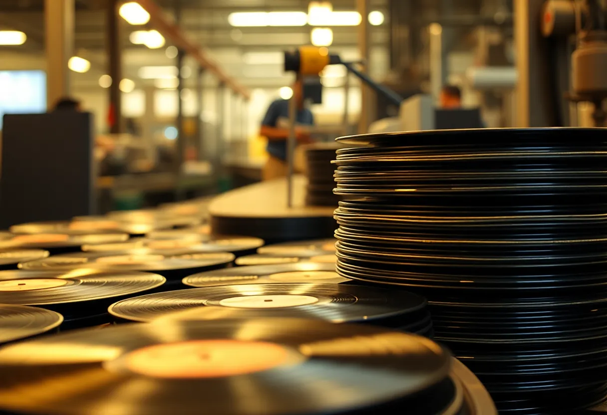 A second view of vinyl records being processed on a factory production line