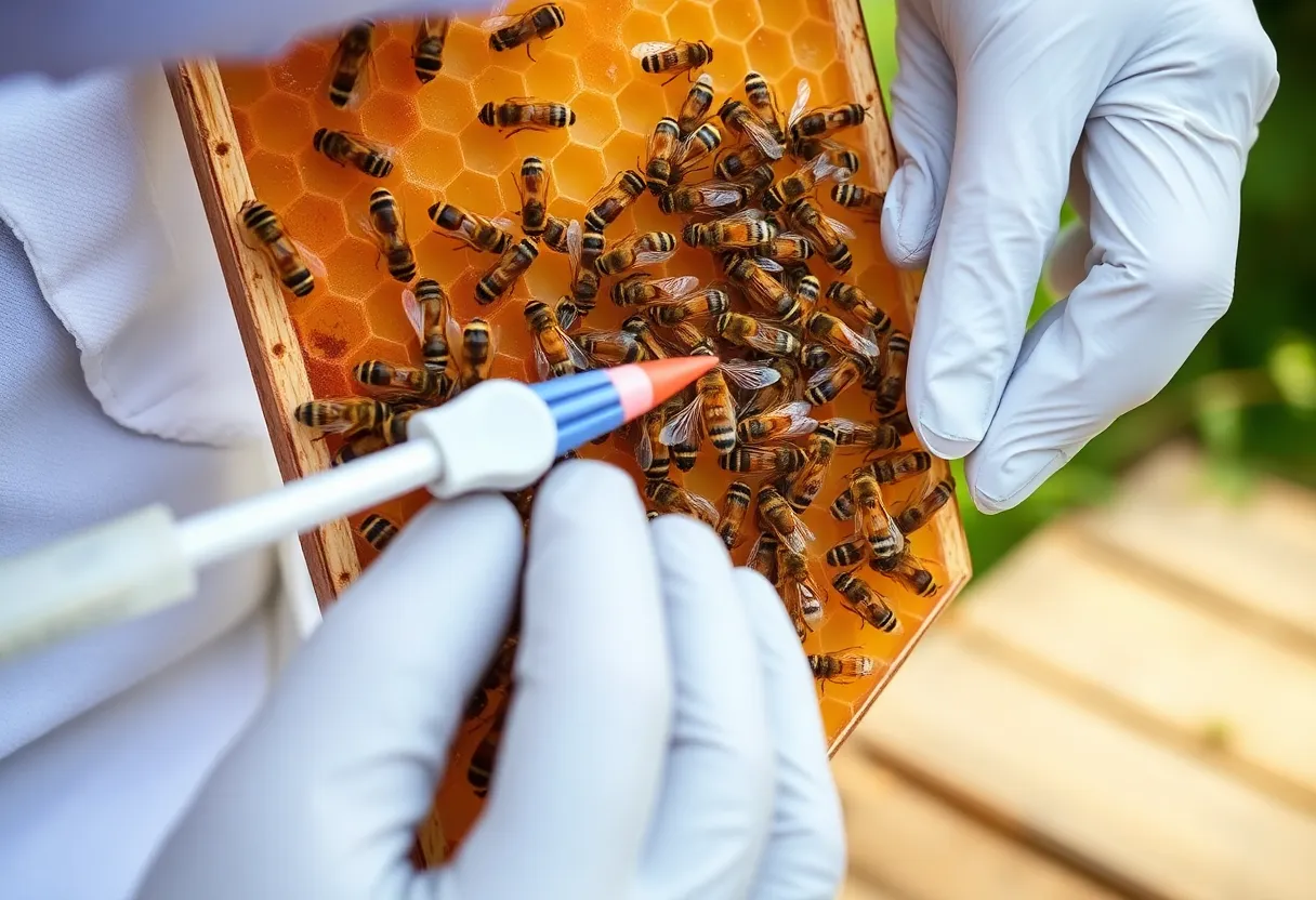 A second close-up view of honeybees on a honeycomb frame during an environmental sampling inspection