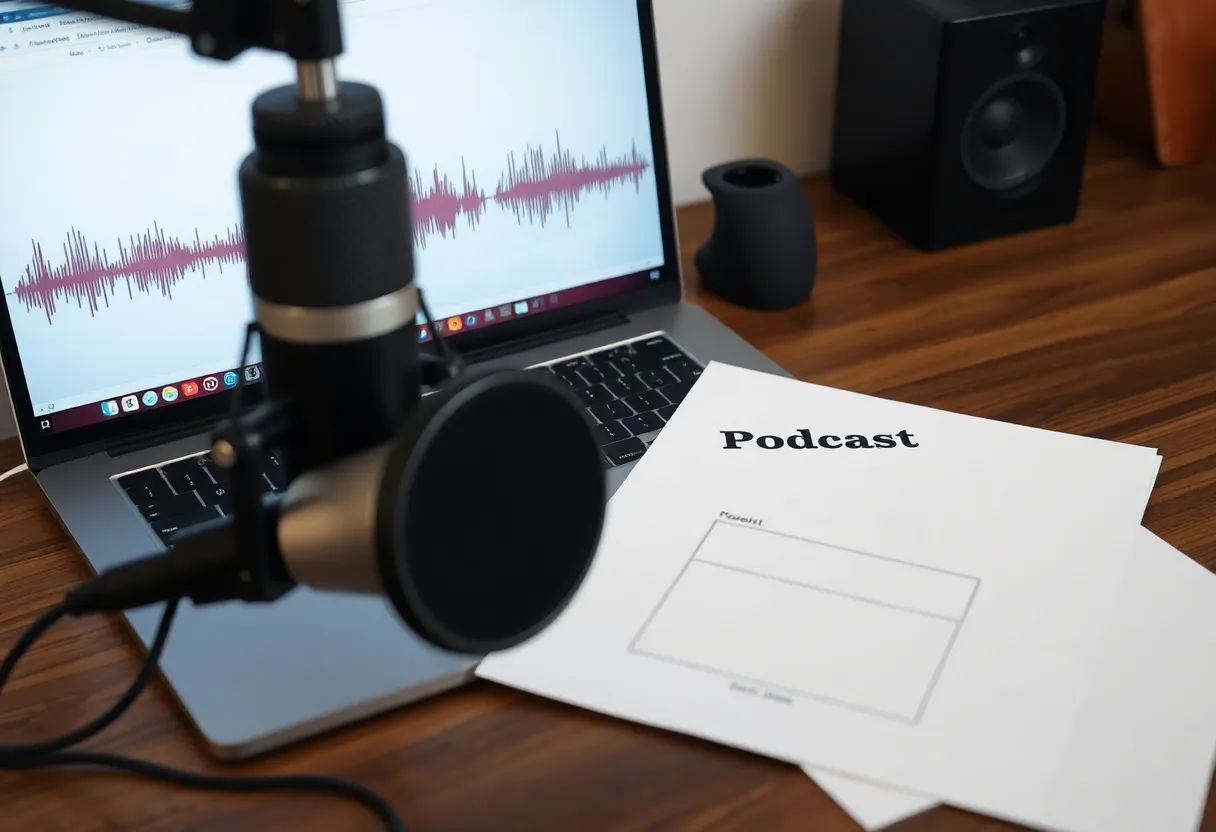 A second view of podcast production equipment including a microphone and ad script on a studio desk