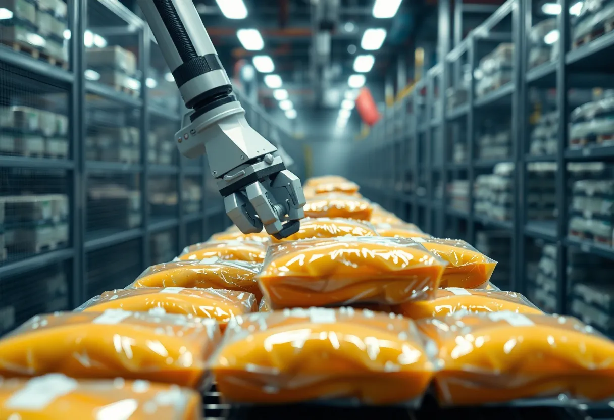 A second view of automated equipment operating inside a frost-covered cold storage warehouse facility