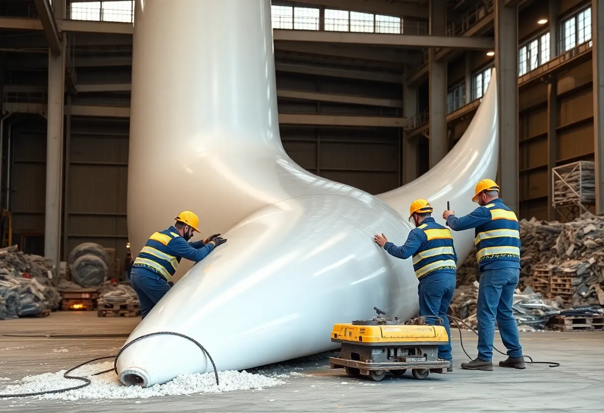 A second view of a wind turbine blade being processed at an industrial recycling facility