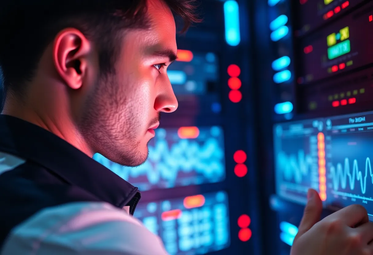 A second view of data center server infrastructure with technicians monitoring system status