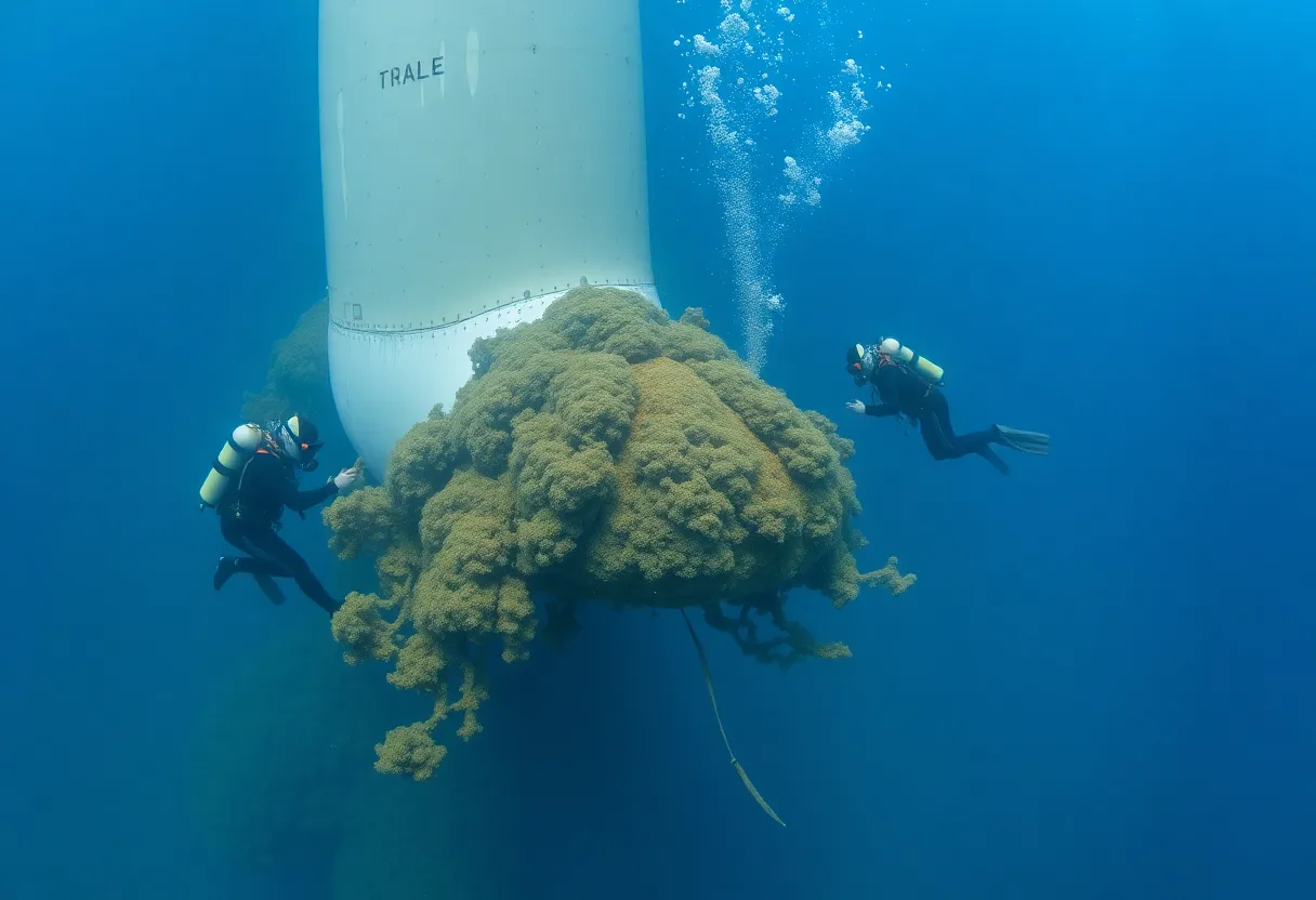 A second underwater view of divers performing maintenance on tidal turbine infrastructure