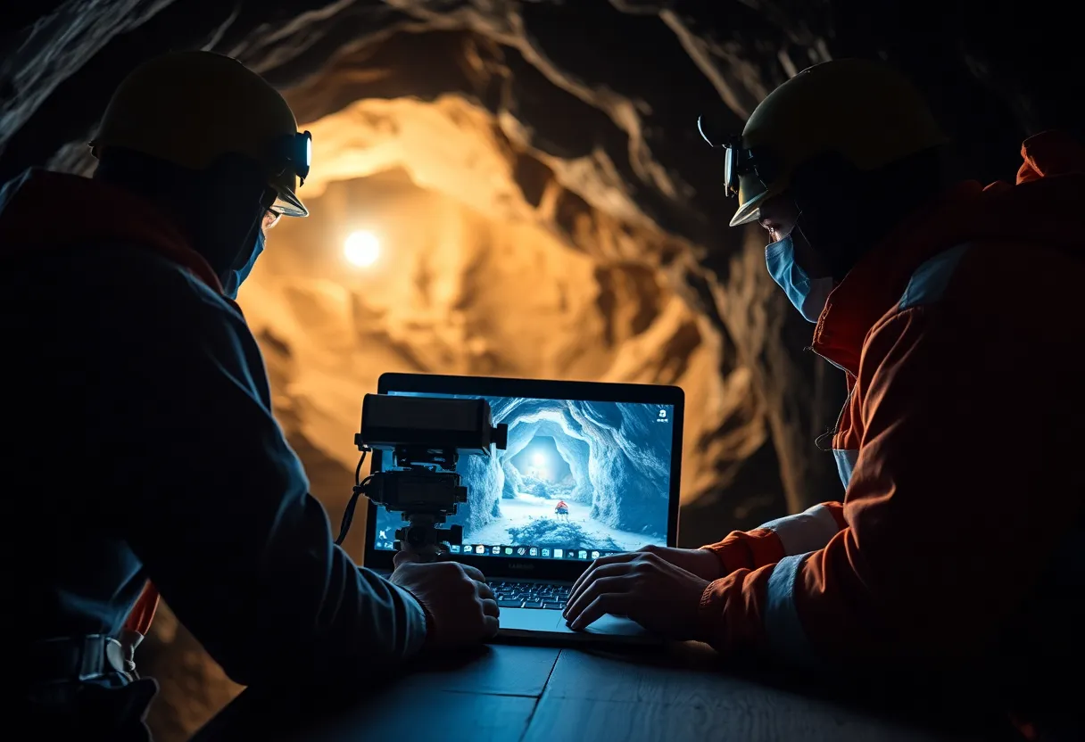 A second view of a rescue team monitoring underground robotic exploration equipment near a cave entrance
