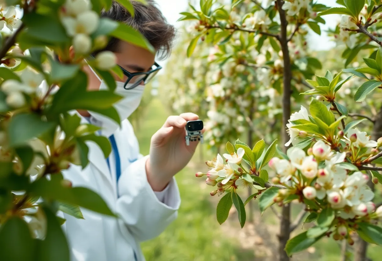 A second view of an agricultural robotics researcher testing pollination technology on orchard blossoms