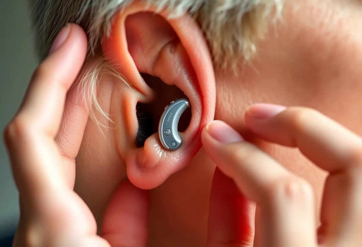 A second view of a person adjusting a hearing aid device