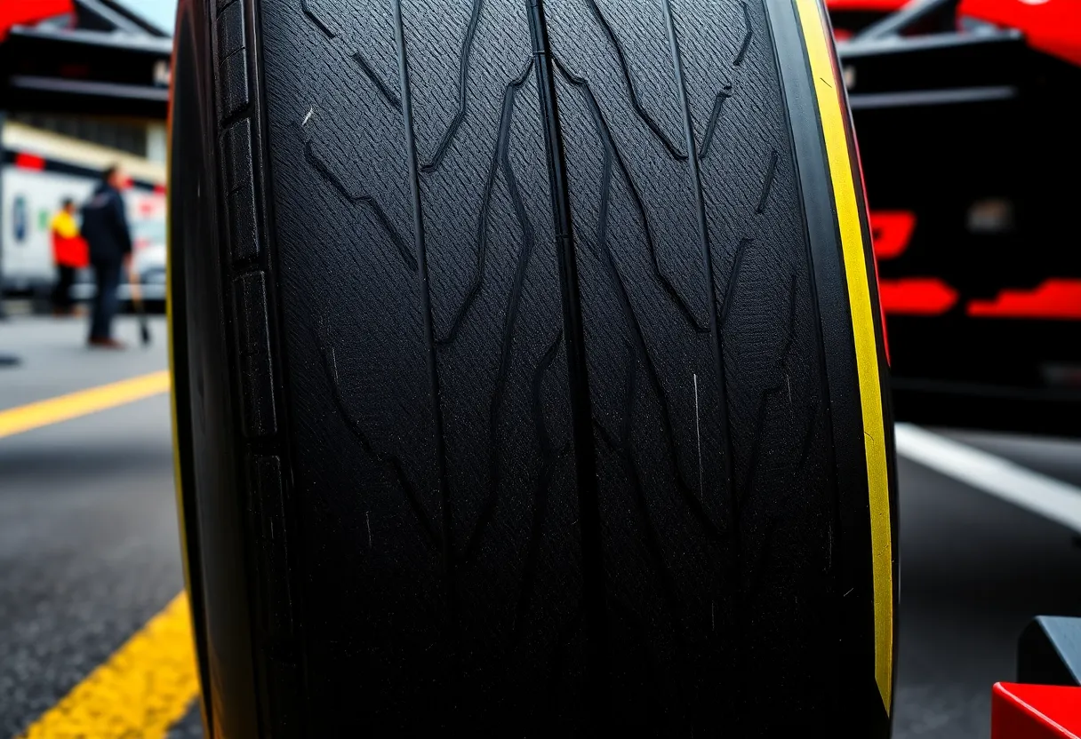 A second close-up view of a Formula 1 tire during a pit stop change