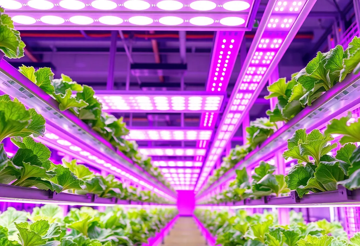 Vertical farm worker harvesting baby spinach from hydroponic growing towers under LED grow lights, modern agricultural facility