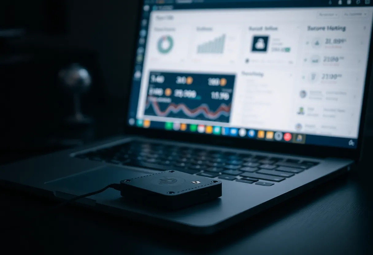 Cybersecurity researcher analyzing transaction data on a monitor with crypto wallet icons visible