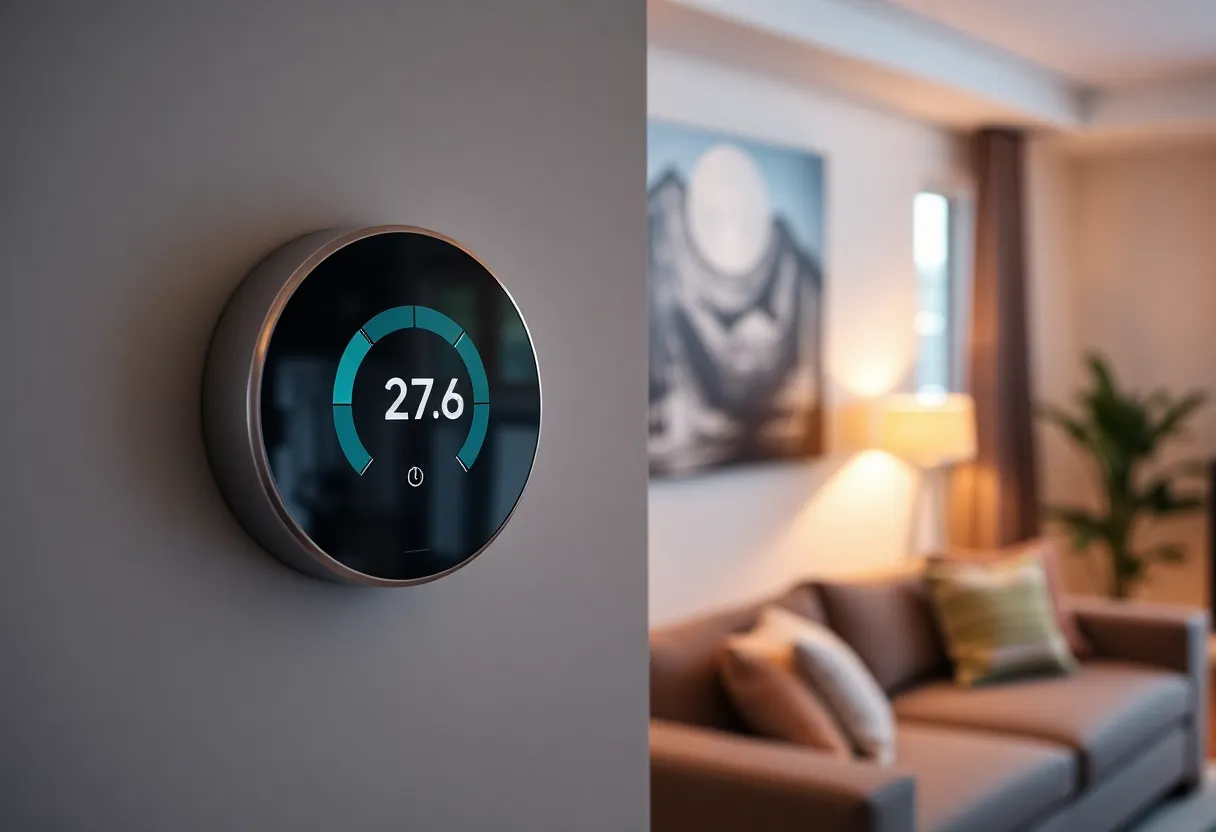 Smart home energy dashboard showing heating patterns, occupancy data, and monthly savings comparison