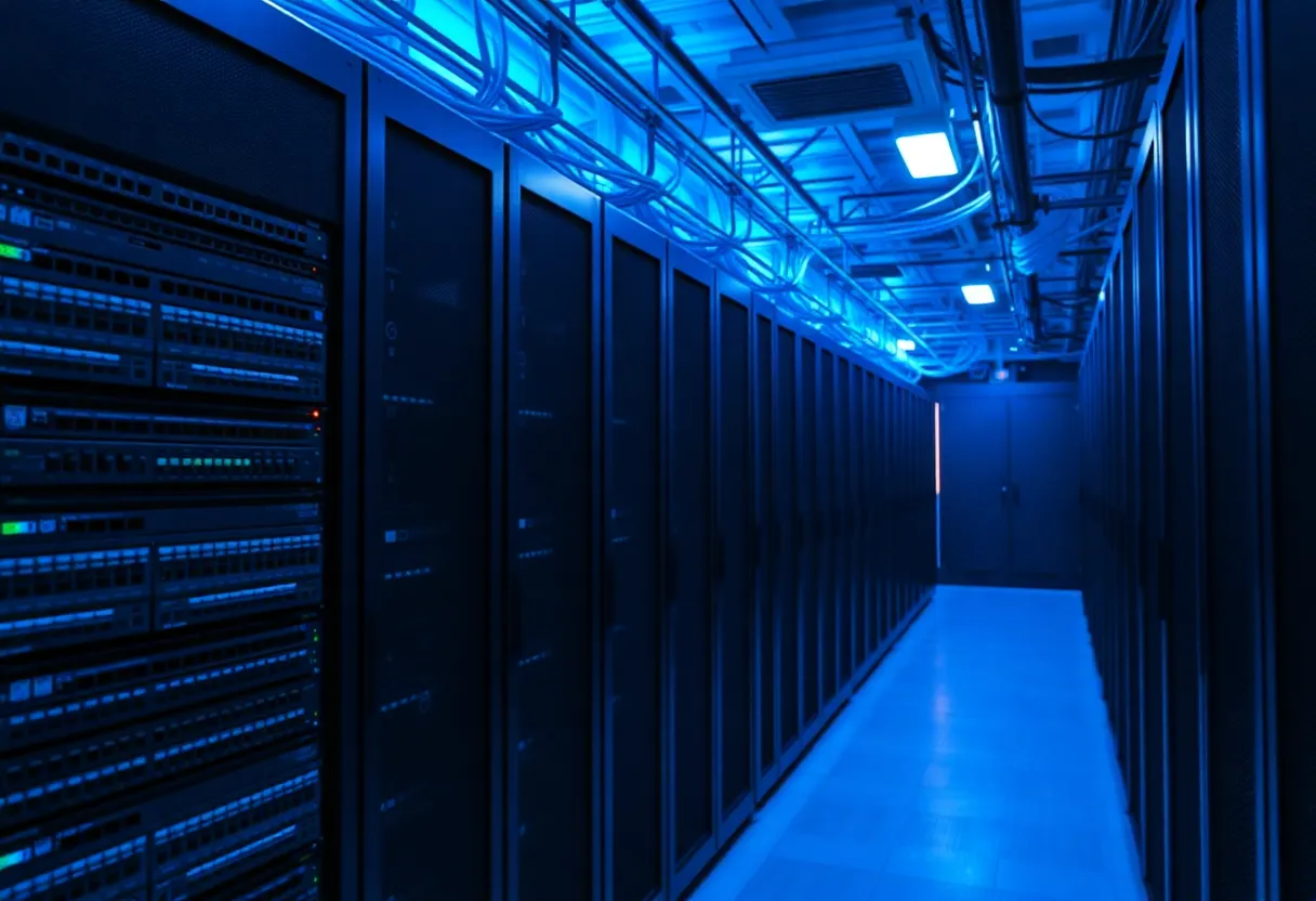 Network operations center with technicians monitoring screens showing internet traffic flow maps and routing data