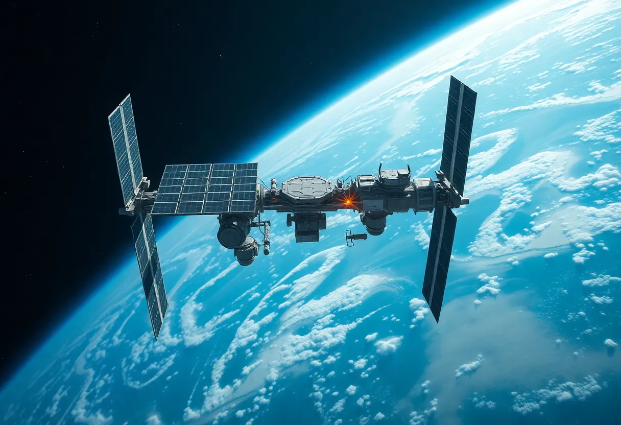 Astronaut conducting spacewalk outside a space station module with Earth's curvature in the background