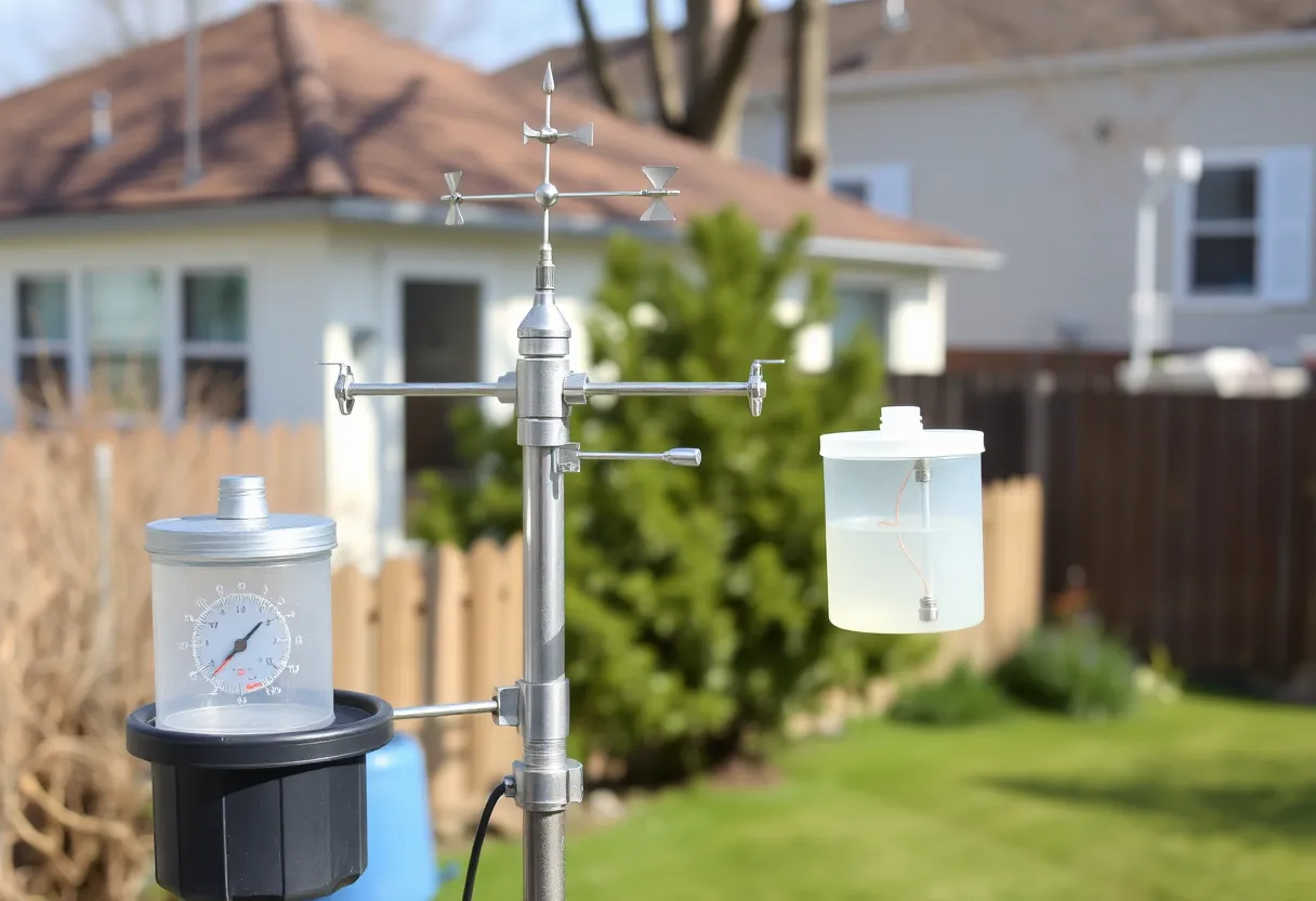 Close-up of weather station sensors including thermometer, rain gauge, and wind vane mounted on a bracket