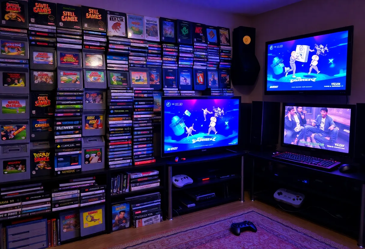 Retro game cartridges and modern digital download icons side by side, representing the evolution of game formats and preservation challenges