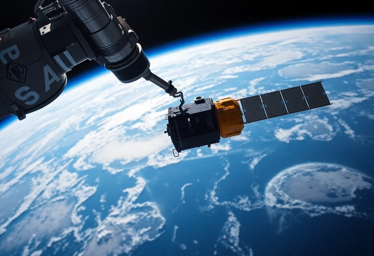 Artist concept rendering of a debris removal spacecraft approaching a defunct rocket body in low Earth orbit, robotic capture arms extended