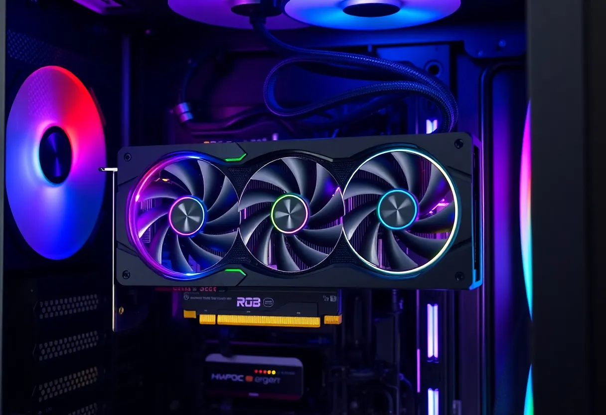 Close-up of GPU heatsink fins and heat pipes with thermal compound visible, PC hardware maintenance detail shot