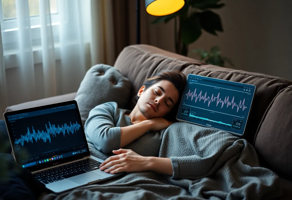 Close-up of a brain activity EEG sleep study display showing sleep stage transitions, sleep laboratory scientific setup