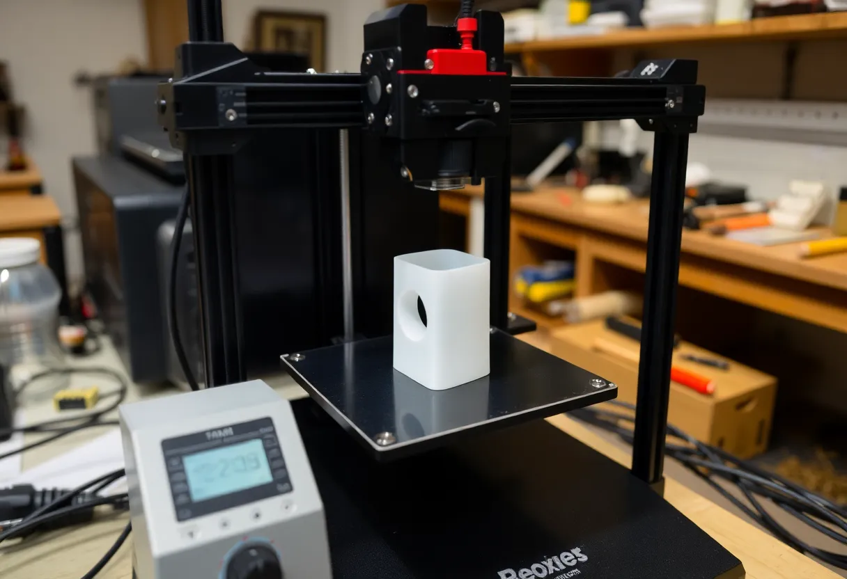 Community repair café with people using 3D printer to make replacement parts for old electronics and home appliances