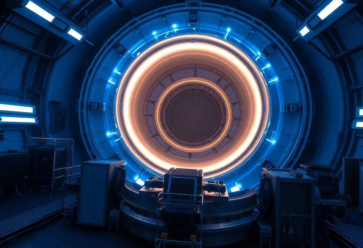 Scientists in lab coats working on high-temperature superconducting magnet components in a modern research facility