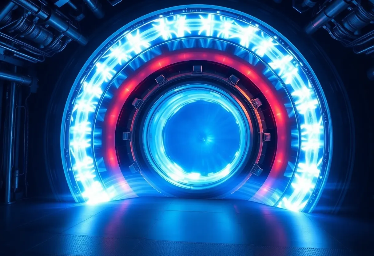 Scientists monitoring fusion experiment data in control room with screens showing plasma diagnostics