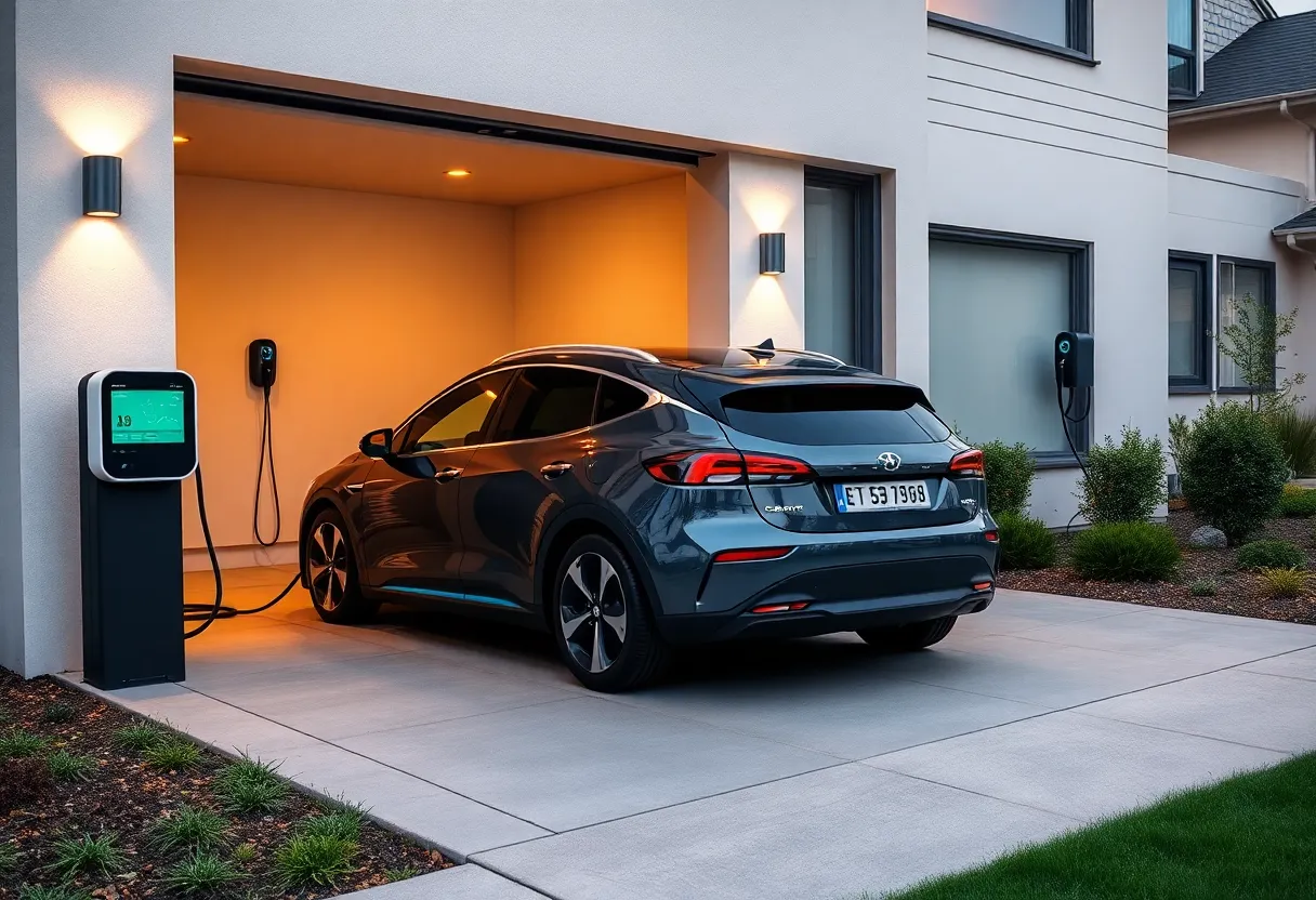Homeowner monitoring bidirectional charging energy flow on a tablet showing solar production, home consumption, and EV battery status