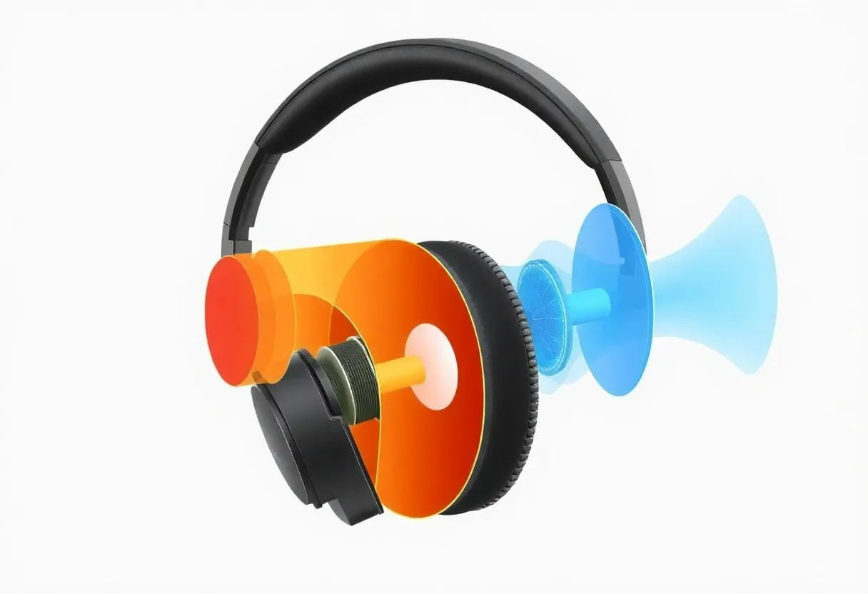 Person wearing noise-canceling headphones on a noisy city street, calm expression, headphone technology concept